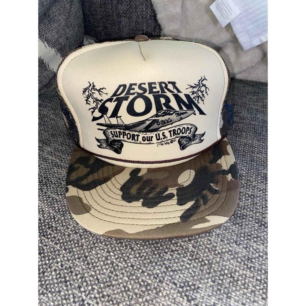 Vintage 1991 Desert Storm US Troops Hat Cap Camo Mesh Snapback